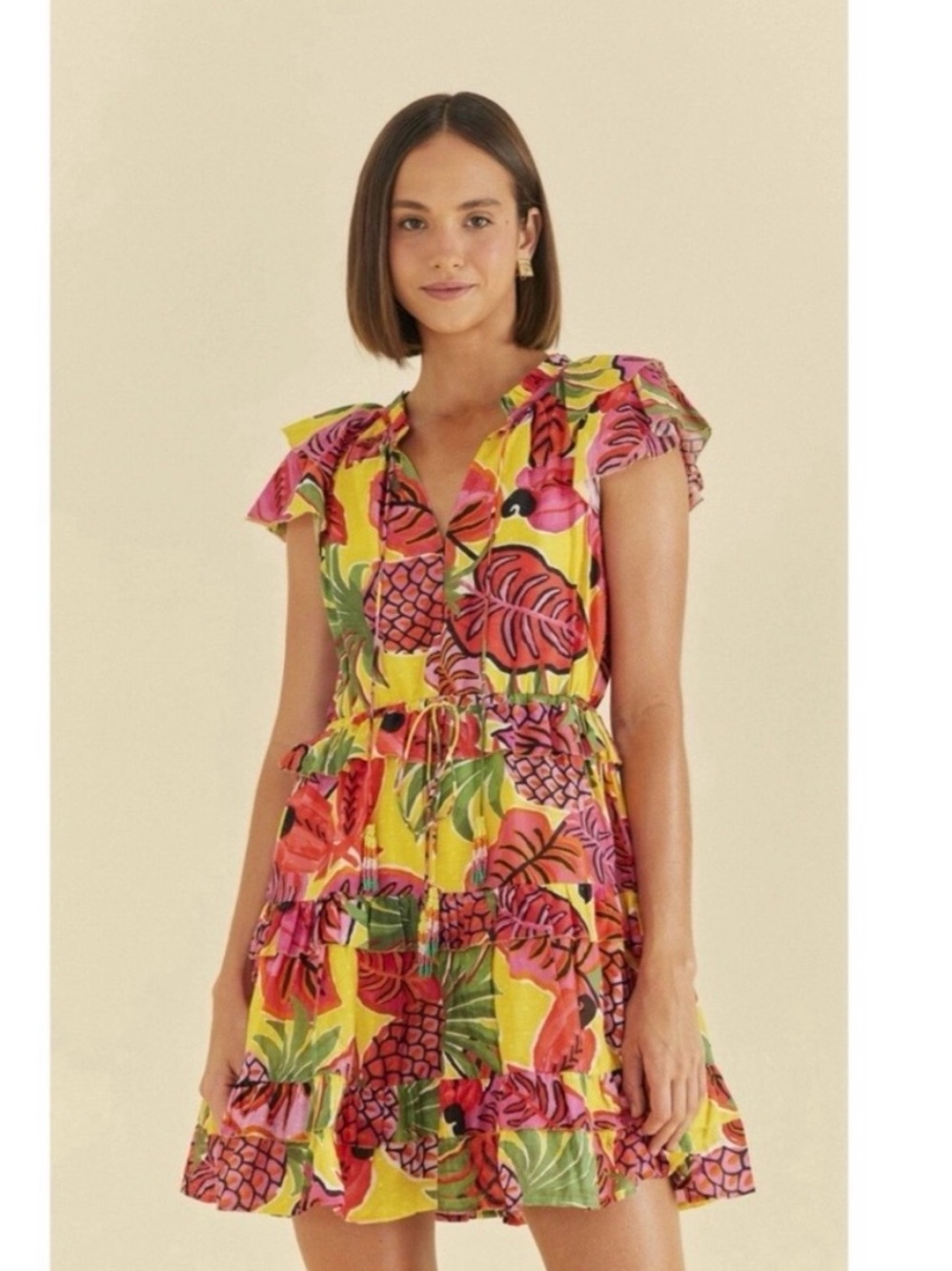 Farm Rio Fruit Dreams Yellow Tropical Print Ruffle Mini Dress